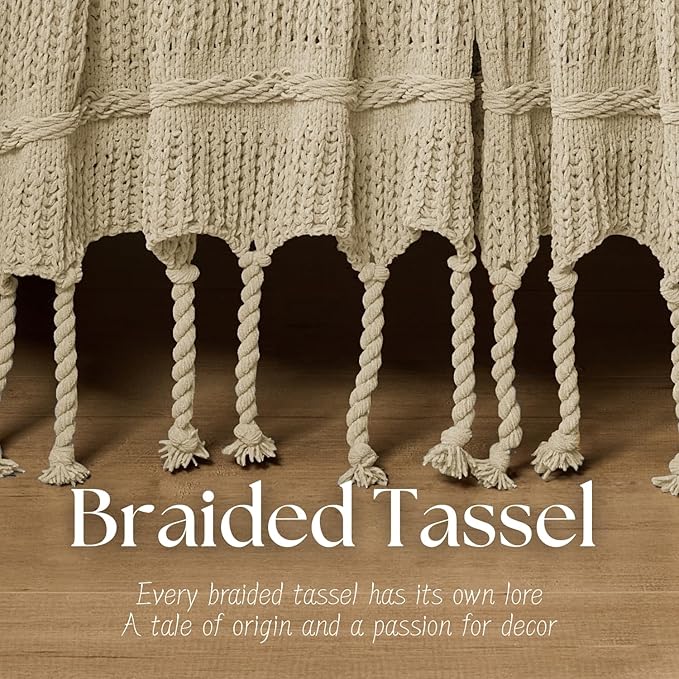 Boho Knitted Chenille Blanket with Tassels - Lightweight & Soft All-Season Throw - 3D Classic Pattern for Living Room Bedroom Couch, Sandy Beige, Throw 50"x60"