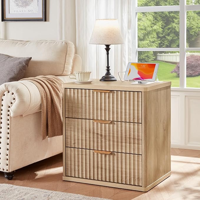 LEYAOYAO 48" Wide Fluted Dresser and 3 Drawers 23" Nightstand Set of 2, Wooden Dresser & Night Stand with Charging Station, 3 Piece Bedroom Furniture Set, Wood Chest of Drawer for Living Room,Natural