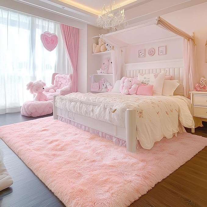 PAGISOFE 3x5 Pink Fluffy Shag Area Rugs for Bedroom, Bedside Preppy Dorm Area Rug, Soft Fuzzy Shaggy Rugs for Living Room Girls/Kids Bedroom Nursery Home Decor, Anti-Skid Durable Rectangular Fuzzy Rug