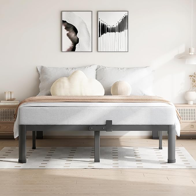 10 Inch Queen Bed Frame, 3500Lbs Heavy Duty Metal Platform with Round Corner Legs Mattress Slide Stopper, Steel Slat Support No Box Spring Needed, Noise Free, Non-Slip, Easy Assembly