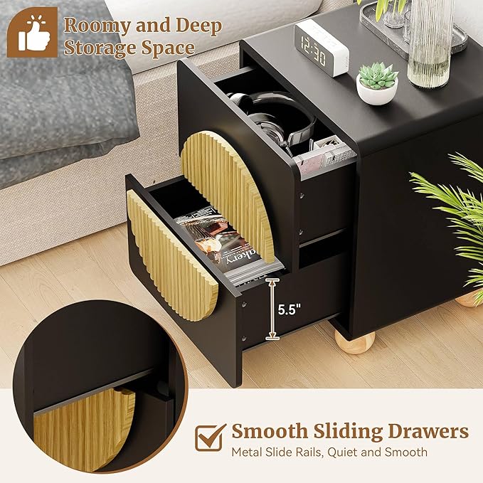 23" Black Nightstand with Solid Wood Legs Set of 2, Modern Style Fluted Bedside Table with Round Moon Handle & Storage, Mid Century Night Stand for Bedroom, Side Table, End Table