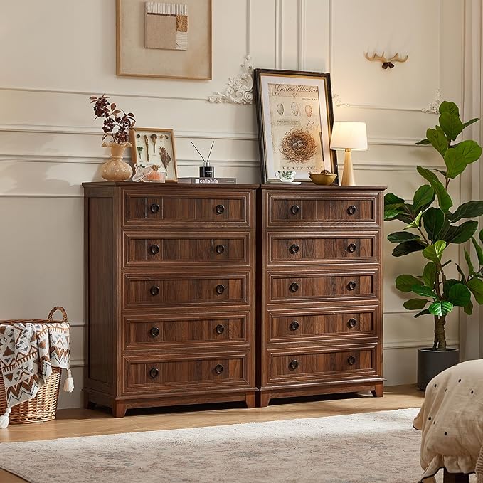 Farmhouse 5 Drawer Dresser for Bedroom, 42" Tall Small Dressers & Chest of Drawers, Rustic Wood Dresser with Metal Handle, Storage Organizer Closet for Living Room, Hallway, Entryway