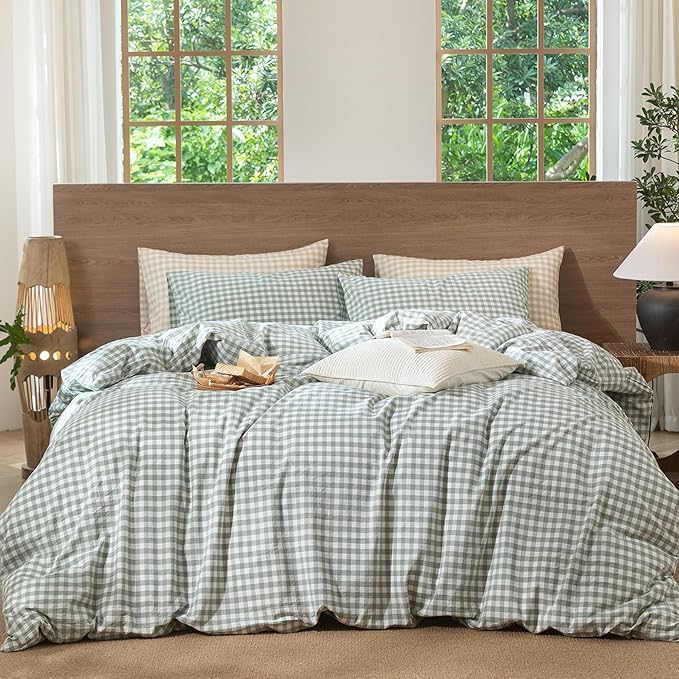 MooMee Gingham Duvet Cover Set 100% Washed Cotton Linen Like Textured Breathable Durable Soft Comfy Modern Checkered Design (Sage Green Gingham, Cal King 104"x98")