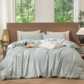 MooMee Gingham Duvet Cover Set 100% Washed Cotton Linen Like Textured Breathable Durable Soft Comfy Modern Checkered Design (Sage Green Gingham, Cal King 104"x98")