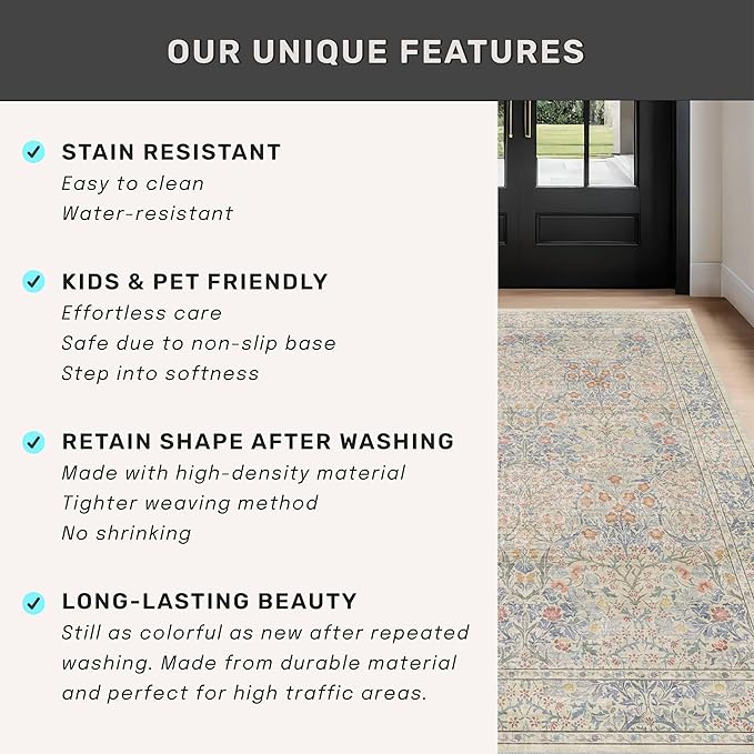 Vintage Washable Beige Blue Area Rugs for Bedroom Under Bed, Living Room, Nursery, Kitchen, Entryway, Low Pile Non Slip Stain Resistance Distressed Retro Indoor (Beige Blue, 4 x 6)