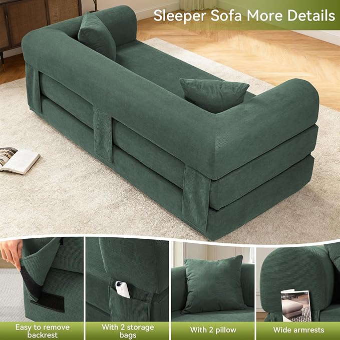 80" Convertible Sofa Bed,Corduroy Folding Sleeper Sofa Bed Queen with Pillows & Storage,Modular Pull Out Couches Boneless Couch for Living Room,Compressed Couch in a Box,Light Green