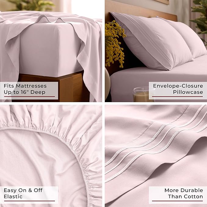 Mellanni Full Sheet Set - 6-Piece Iconic Collection Bedding, (Including 4 Pillowcases), 16-Inch Deep Pocket, Easy Care, Extra Soft, Cooling Sheets, Brushed Microfiber - Blush Pink