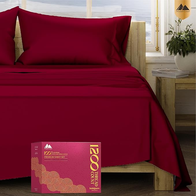 Mayfair Linen 100% Egyptian Cotton Full Size Bed Sheets - Luxury 1200 Thread Count Egyptian Cotton Sheets Full Size Bed Set (4 PC, Burgundy), Silky Soft, Cooling, 17" Deep Pocket Sateen Weave Bedding