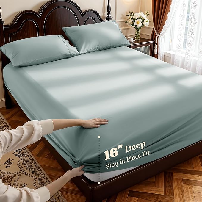 LBRO2M 1000 Thread Count 100% Egyptian Cotton Sheets Set Full Size, 4 Piece Sets Bed Sheet Deep Pocket Sheet Set 16" Soft Comfortable All Season (Full, Sage Green)