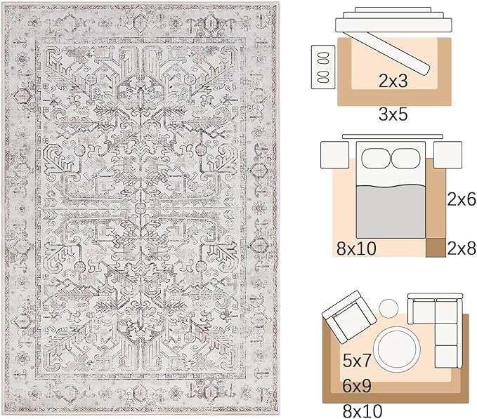 jinchan Lima 9x12 Machine Washable Area Rugs for Living Room - Vintage Floral Stain Resistant Low Pile Ultra-Thin Non Slip Accent Rug for Bedroom Kitchen Dining Room Home Office (9x12ft, Taupe)