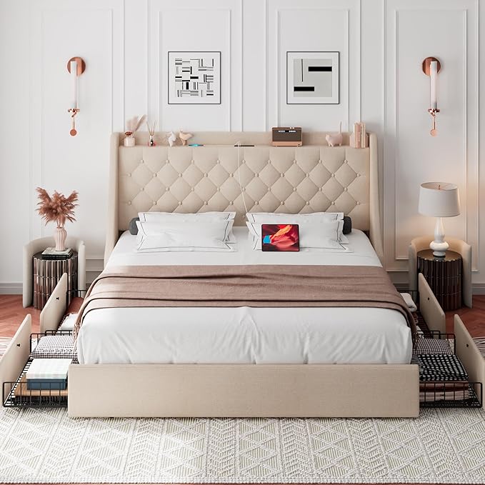 iPormis King Bed Frame with 4 Storage Drawers, Upholstered Platform Bed Frame with Type-C & USB Ports, Wingback Storage Headboard, Solid Wood Slats, No Box Spring Needed, Beige