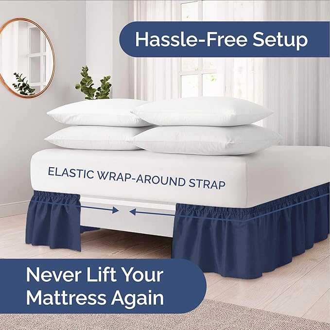 Wrap Around Dust Ruffle Bed Skirt - Navy Blue - for Queen Size Beds with 12 Inch Drop - Elastic Strap - Adjustable Pleated Bedskirt with Brushed Fabric and Wrinkle Free - for Women, Men, Kids & Teens