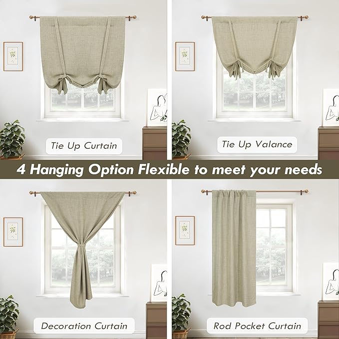 DriftAway Double Layer Linen Blackout Tie Up Curtains Thermal Insulated Fully Lined Balloon Roman Shade Bathroom Window Adjustable Rod Pocket for Small Window 31 Inch by 47 Inch Light Khaki Linen