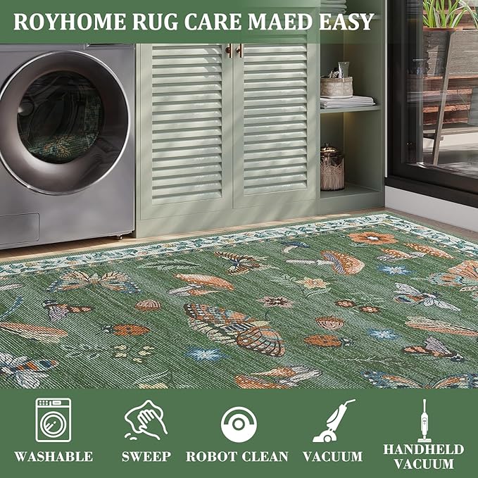 Mushroom Small Rug 2x3 Washable Door Mat Indoor Rugs for Entryway Non-Slip Soft Ultra-Thin Stain Resistant Foldable Rugs Kitchen Bedroom Living Room Green