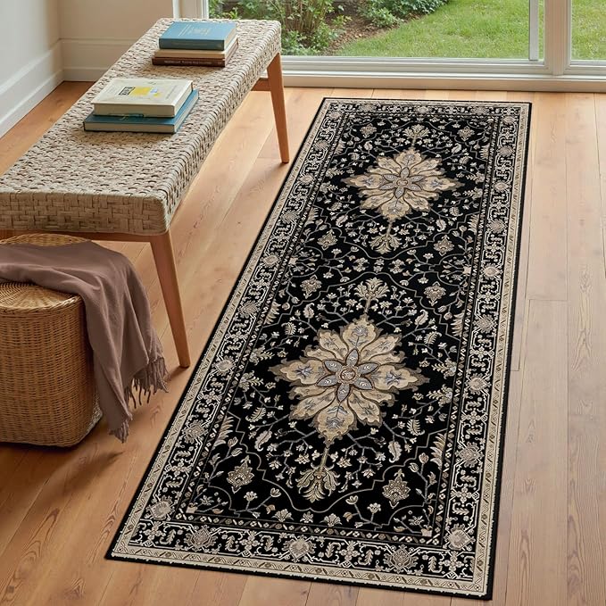 Area Rugs 3'x8' Washable Non-Slip, Floral Vintage Distress Print Pattern Medallion Carpet for Living Room Bedroom Dining Room, Black Brown Neutral Dark Tan