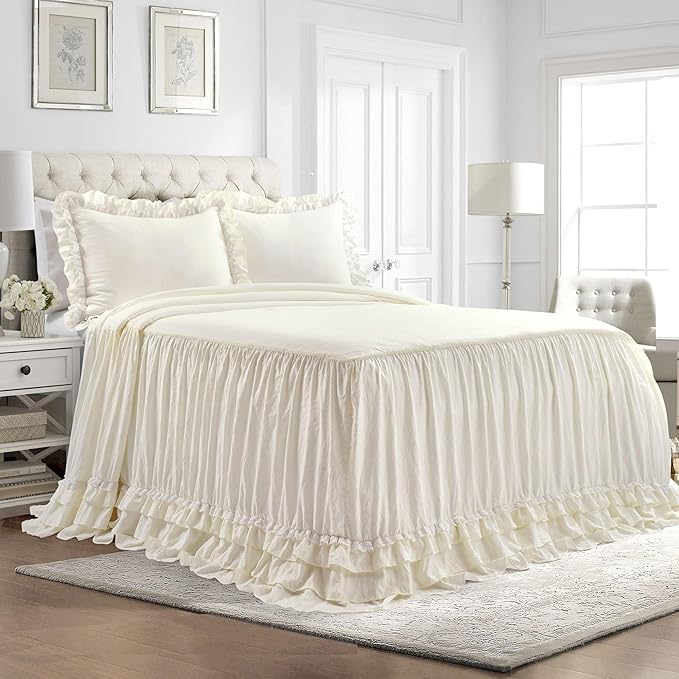 Lush Decor Ella Ruffle Lace Bedspread, 3 Piece Set, Queen, Neutral - Cute Bed Set - Queen Bedding - Beige Bedding - Coquette Decor - Neutral Ruffle Trim - Beige Lace Trim