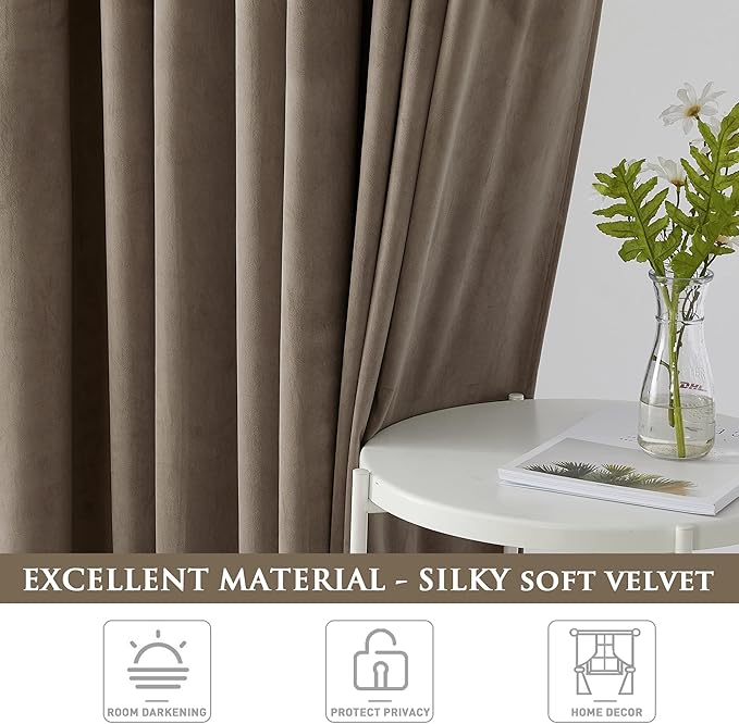 StangH Velvet Curtains 96 inches for Living Room, Taupe Light Blocking Thermal Insulated Sliding Door Curtains Elegant Home Decoration, W52 x L96, 2 Panels