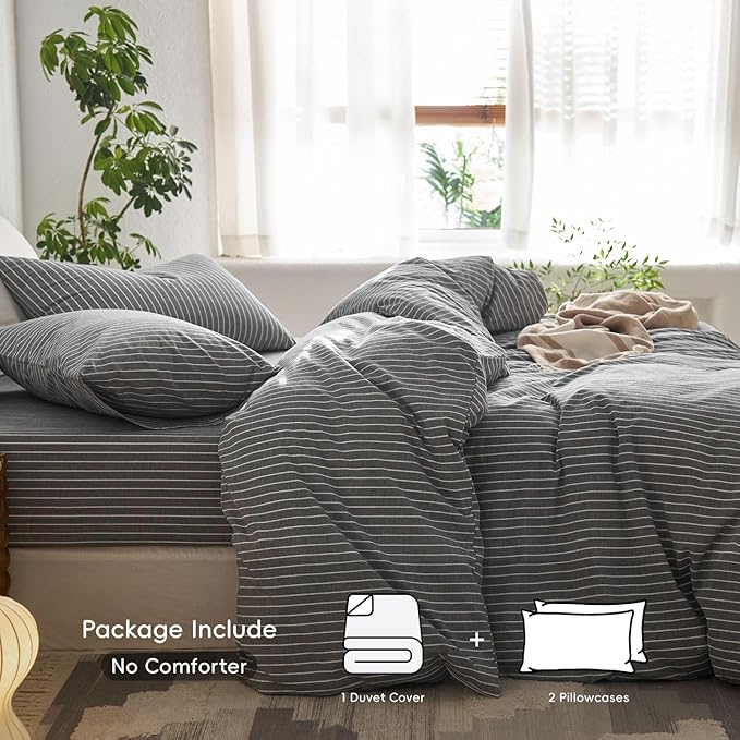 MooMee Striped Duvet Cover Set 100% Washed Cotton Linen Like Textured Breathable Durable Soft Comfy (Dark Grey White Wide Stripes, Palatial King/Oversized King 120"x98")