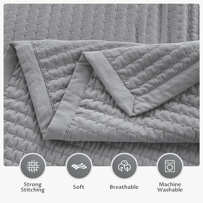 Kasentex Quilt Mini Set - Stone Washed - Super Soft Bedspread - Light Weight - White Down Alternative Microfiber Fill - Machine Washable - Solid Colors, Full/Queen + 2 Shams, Grey
