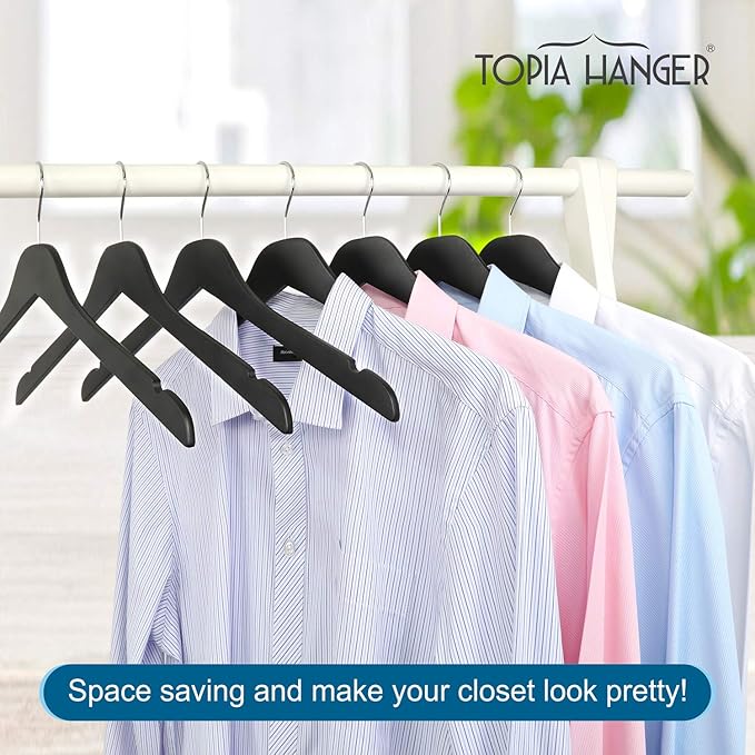 TOPIA HANGER Black Wooden Hangers, 0.28-inch Slim Wood Clothes Hanger with Flat Design and Smooth Notches, Lightweight Space Saving Hangers for Shirt, Coat, Camisole, 10 Pack-Matte Black, CT29B