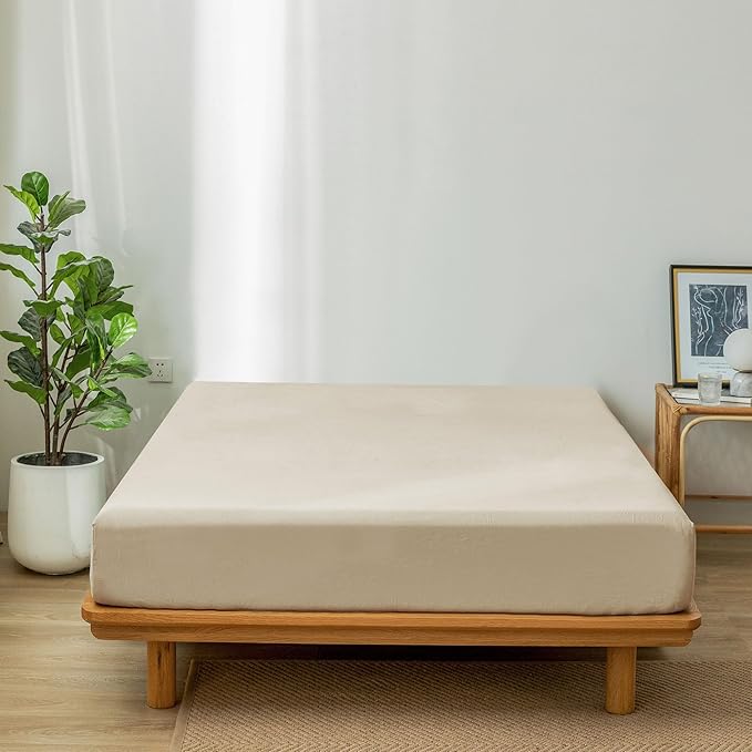 MooMee Fitted Bottom Sheet Only 100% Washed Cotton Linen Like Textured Breathable Durable Soft Comfy Deep Pocket Fits Mattress up to 17" (Cream White, Twin)
