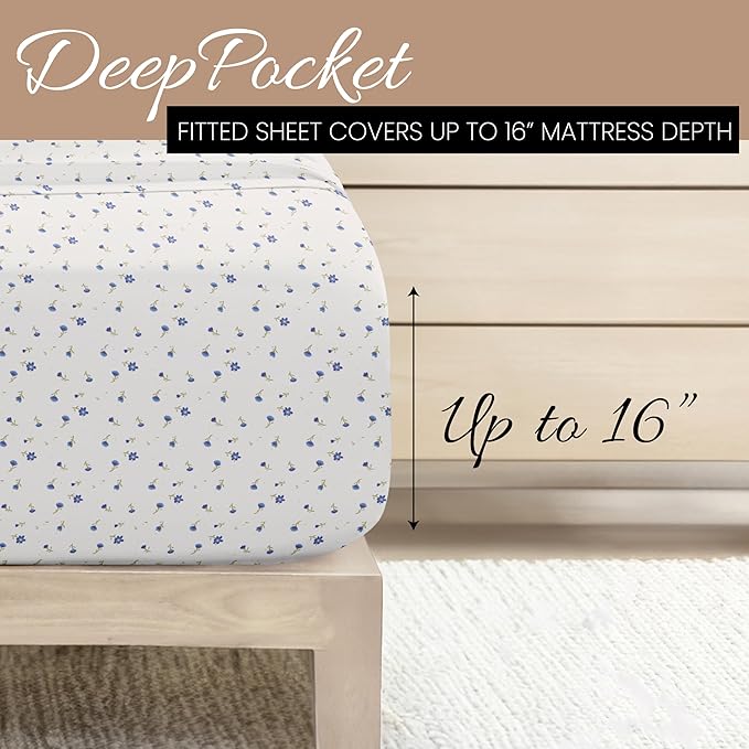 Linen Market Double-Brushed Patterned Microfiber Queen Sheet Set 4 Piece – Oeko-TEX Certified Ultra Soft & Wrinkle-Free - 16" Deep Pocket Sheets - Easy Care Queen Size - Soft Floral Light Blue