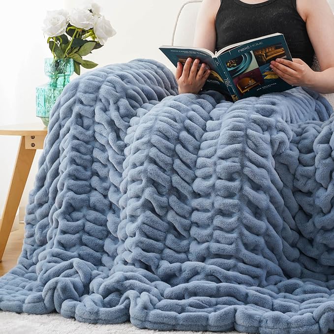 BATTILO HOME Faux Fur Throw Blanket for Couch, Super Soft Cozy Blanket, Double Sided Ruched Rabbit Faux Fur Blanket for Bed, Living Room, 50"x60", Bluish Grey
