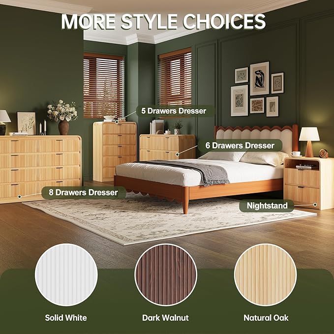 FURSUN Fluted 8 Drawers Dresser for Bedroom, 55" Wide Wooden Dresser with Metal Handle, Curved Profile Design, Modern Storage Organizer for Bedroom, Living Room, Hallway, Natural Oak
