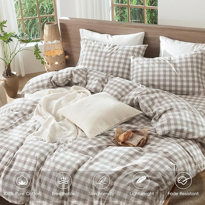 MooMee Gingham Duvet Cover Set 100% Washed Cotton Linen Like Textured Breathable Durable Soft Comfy Modern Checkered Design (Buffalo Plaid Tannish Linen Grey, Cal King 104"x98")