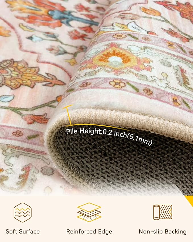 Area Rugs 2'x10' Washable Non-Slip, Floral Vintage Distress Print Pattern Medallion Carpet for Living Room Bedroom Dining Room, Light Pink Colorful