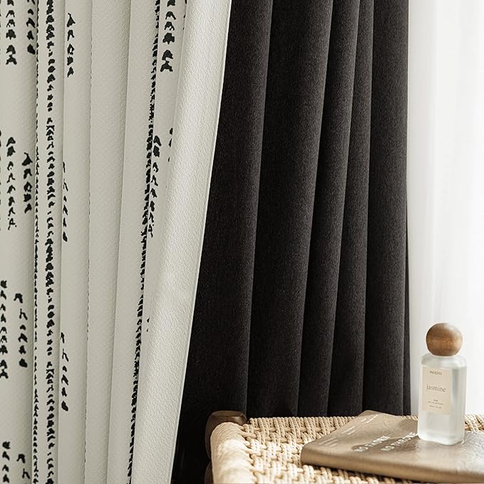 100% Boho Blackout Curtains 84 Inches Long for Bedroom, Black on Beige Patterned Bohemian Curtains for Living Room, Geometric Striped Thermal Insulated Window Drapes Gromment Top 2 Panels