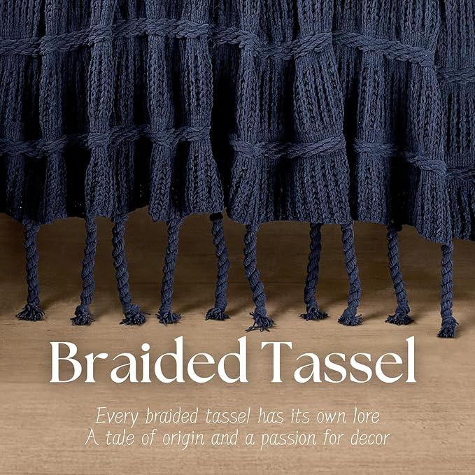 Boho Knitted Chenille Blanket with Tassels - Lightweight & Soft All-Season Throw - 3D Classic Pattern for Living Room Bedroom Couch, Royal Blue, Throw 50"x60"