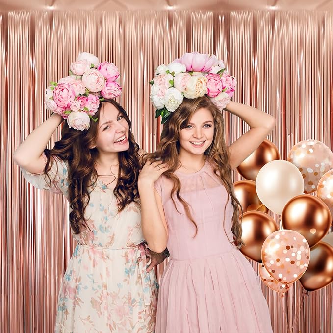 GOER 3.2 ft x 8.2 ft Metallic Tinsel Foil Fringe Curtains Party Photo Backdrop Party Streamers for Birthday,Graduation,New Year Eve Decorations Wedding Decor (3 Pcs,Matte Rose Gold,Thick Material)