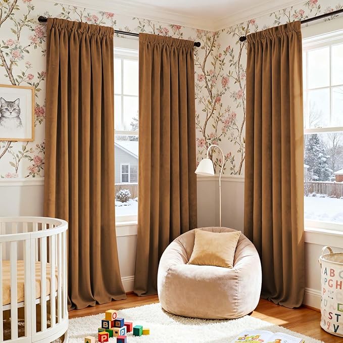 Lazzzy Velvet Curtains Brown Blackout Curtains Thermal Insulated Drapes for Bedroom Living Room Darkening 120 Inches Extra Long Window Treatments Super Soft Luxury Rod Pocket 2 Panels Gold Brown