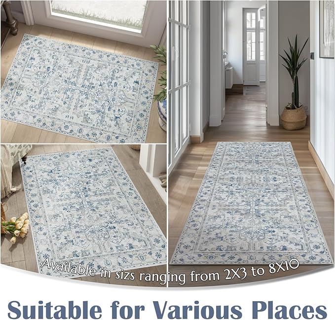 jinchan Lima Washable Area Rug 3x5 Entryway Rug - Distressed Vintage Floral Ultra-Thin Low-Pile Soft Non-Shedding Indoor Floor Carpet for Kitchen Bedroom Entrance Laundry Living Room (3x5ft, Blue)