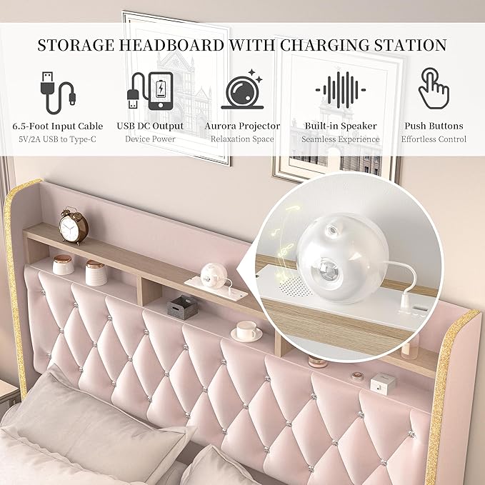 Full LED Bed Frame with Storage Drawers, Velvet Upholstered Platform Beds with Galaxy Star Projector Charging Station Speaker, Aurora Bedframe with 2-Tier Storage Headboard, Noise-Free, Pink