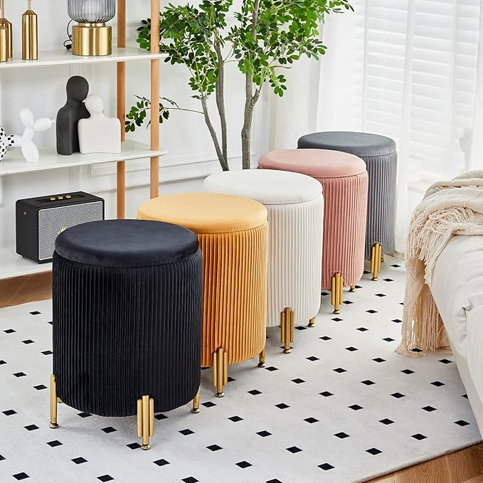 Mxfurhawa Round Ottoman Foot Stool with Storage and Metal Legs for Living Room Bedroom, Velvet Upholstered Footrest Stool Support 300lbs Modern Padded Seat Ottoman Coffee Table (Grey)