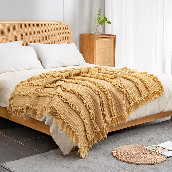 Ultra Soft Pre-Washed Quilted Boho Yellow King Size Blankets for Bed, Ruffle Fringed Decorative Throw, Stone Washed Chic Rustic Blanket for Sofa Couch Bed, 104"*90"