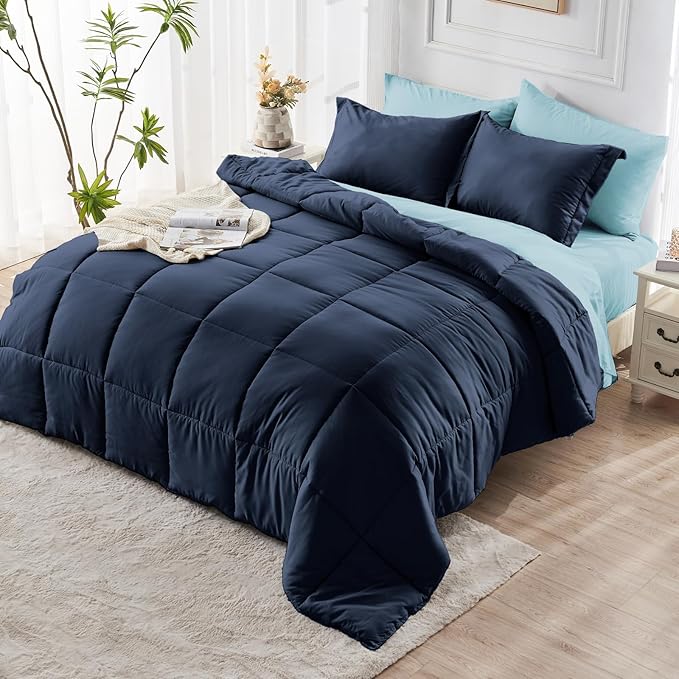 JOLLYVOGUE Full Comforter Set, Ultra-Soft Bed in a Bag Full Size 7 Pieces, Oeko-TEX Certified Bedding Set with Down Alternative Comforter, Sheets, Pillowcases & Shams, Navy & Light Blue