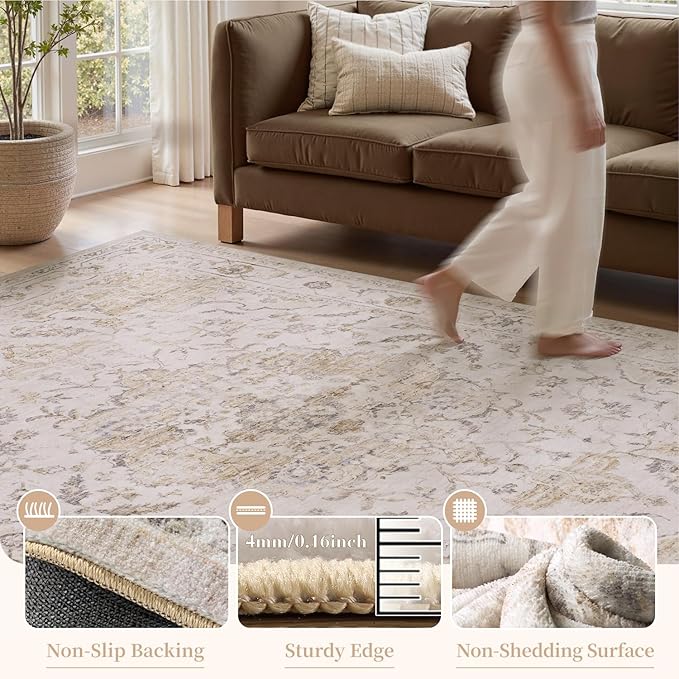 PADOOR 9X12 Area Rug,Rugs for Living Room,Soft Beige Rugs for Bedroom,Machine Washable Rug Non Slip Carpet for Dining Room Living Room Bedside Office