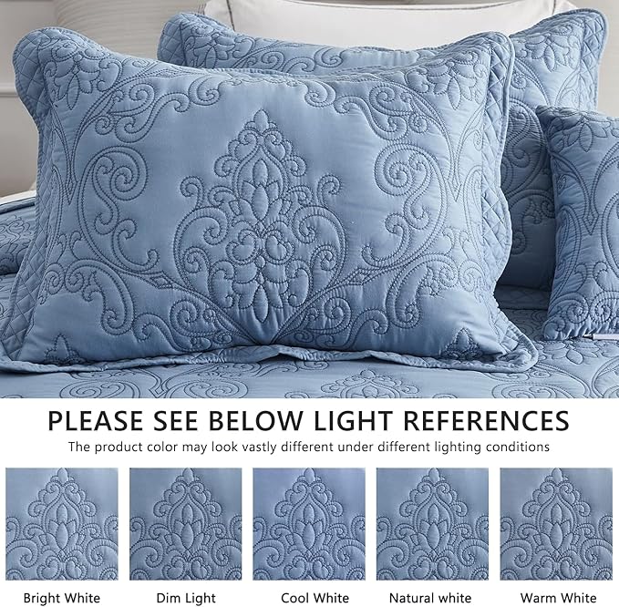 CHIXIN Bedspread Coverlet Set Queen Size - Lightweight Bedding Cover - Beautiful Stitching - 5 Piece Reversible Bedspread - Luxury Damask Paisley Pattern (Queen, Ashley Blue)