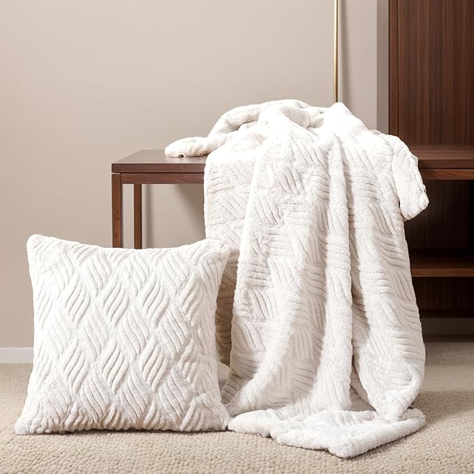 BATTILO HOME White Faux Fur Throw Blanket for Couch, Bed, Cream Faux Rabbit Fur Blanket Throw 50"x60", Blanket, Ivory Blanket with 1 Fur Pillow Cover, 18"x18"