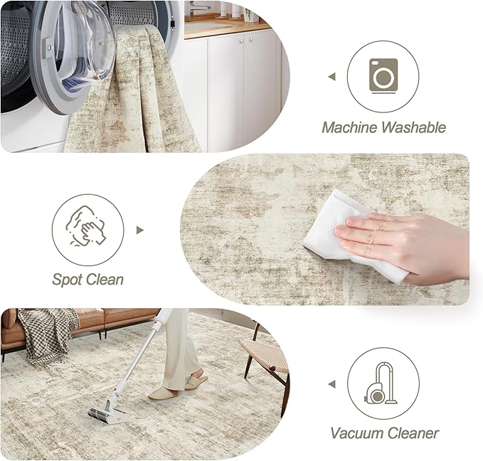 9x12 Area Rug for Living Room, Abstract Non Slip Machine Washable Vintage Carpets, Low Pile Lightweight Large Rug for Bedroom, Dining Room, Home Office Beige Gray