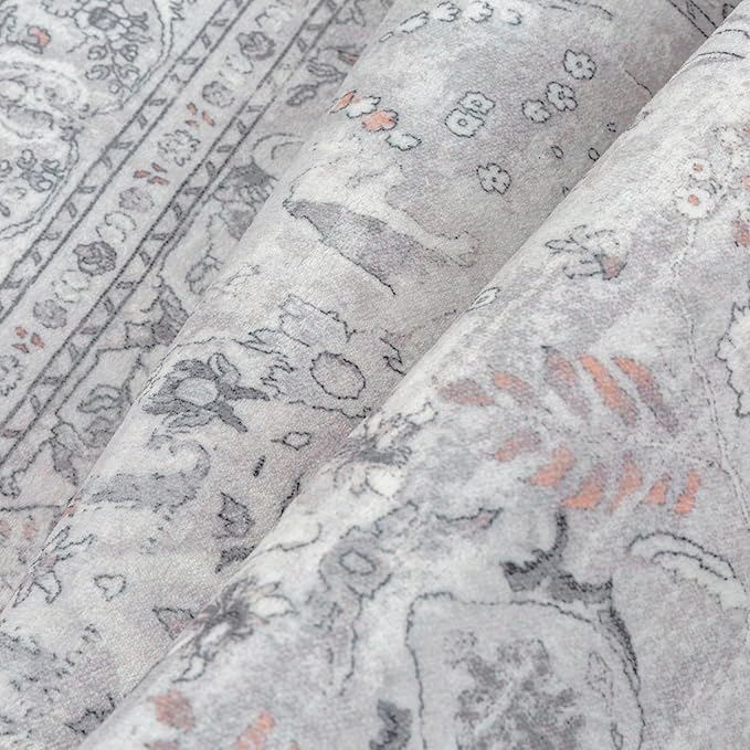 Grey 2x3 Area Rug Washable Vintage Small Carpet for Entryway Kitchen Soft Retro Floral Low Pile Thin Door Mat Non Slip Central Medallion Throw Rug for Bathroom Office Bedroom Dining Room