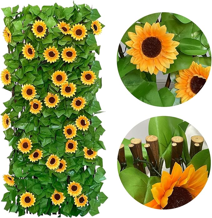 Sumery Expandable Fence Privacy Screen for Balcony Patio Outdoor,Decorative Faux Ivy Fencing Panel,Artificial Hedges (Single Sided Leaves) (2, Sunflowers)