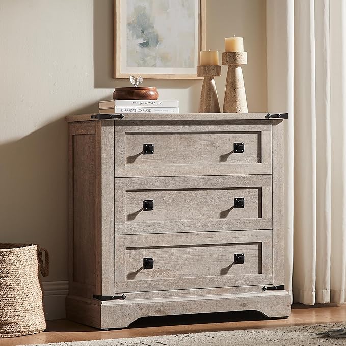 T4TREAM 32" Farmhouse Nightstand with Charging Station, Large End Table with 3 Storage Drawers, Rustic Wood Bedside Table for Bedroom, Living Room, Light Rustic Oak