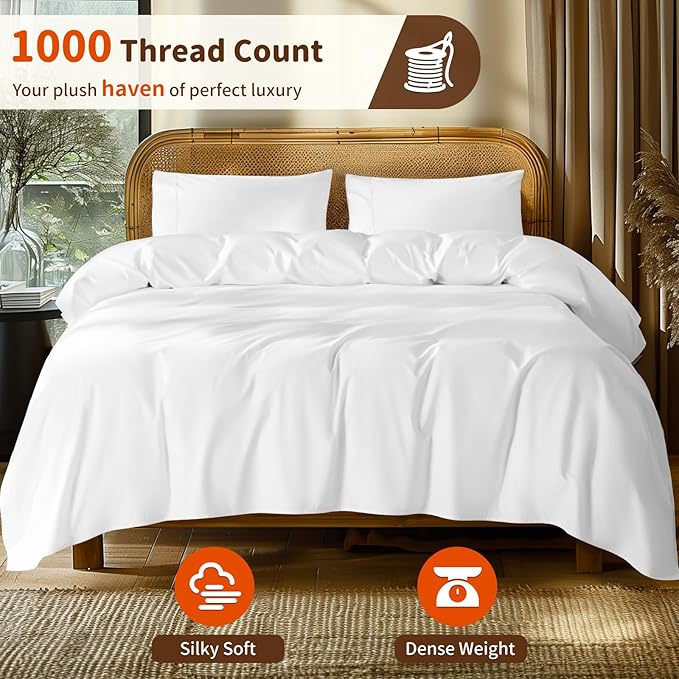 LBRO2M 100% Cotton Sheets Set Deep Pocket 24", 1000 Thread Count Queen Size 4 Piece Bed Sheet Sets Soft Comfortable Bedding All Season (Queen, White)