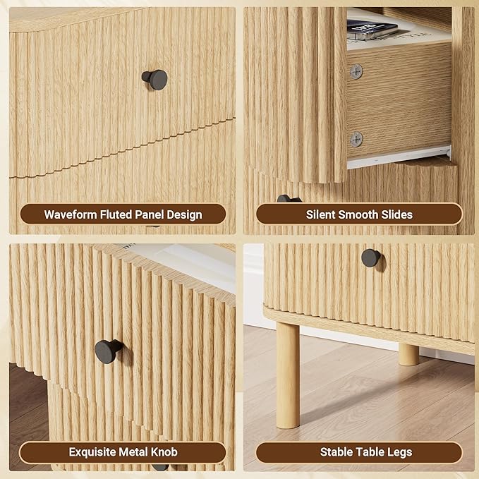 Night Stand with Charging Station, 18" Fluted Nightstand with Rounded Corners & Solid Wood Legs, 2 Drawers End Table with Storage, Mid Century Modern Bedside Table for Bedroom, Natural Oak