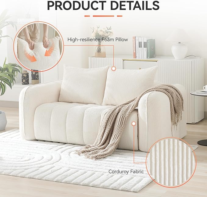 Corduroy Boneless Living Room Sets, Modern Upholstered Loveseat with 2 Signle Sofa Chairs, Comfy Deep Seat Cloud Sofa Couch Sets for Living Room, White