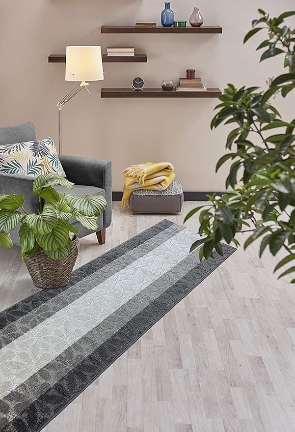 Custom Length Hallway Runner Rug,Slip Resistant,Flower Grey, 26 Inch X 20 feet, Sold and Priced Per Foot